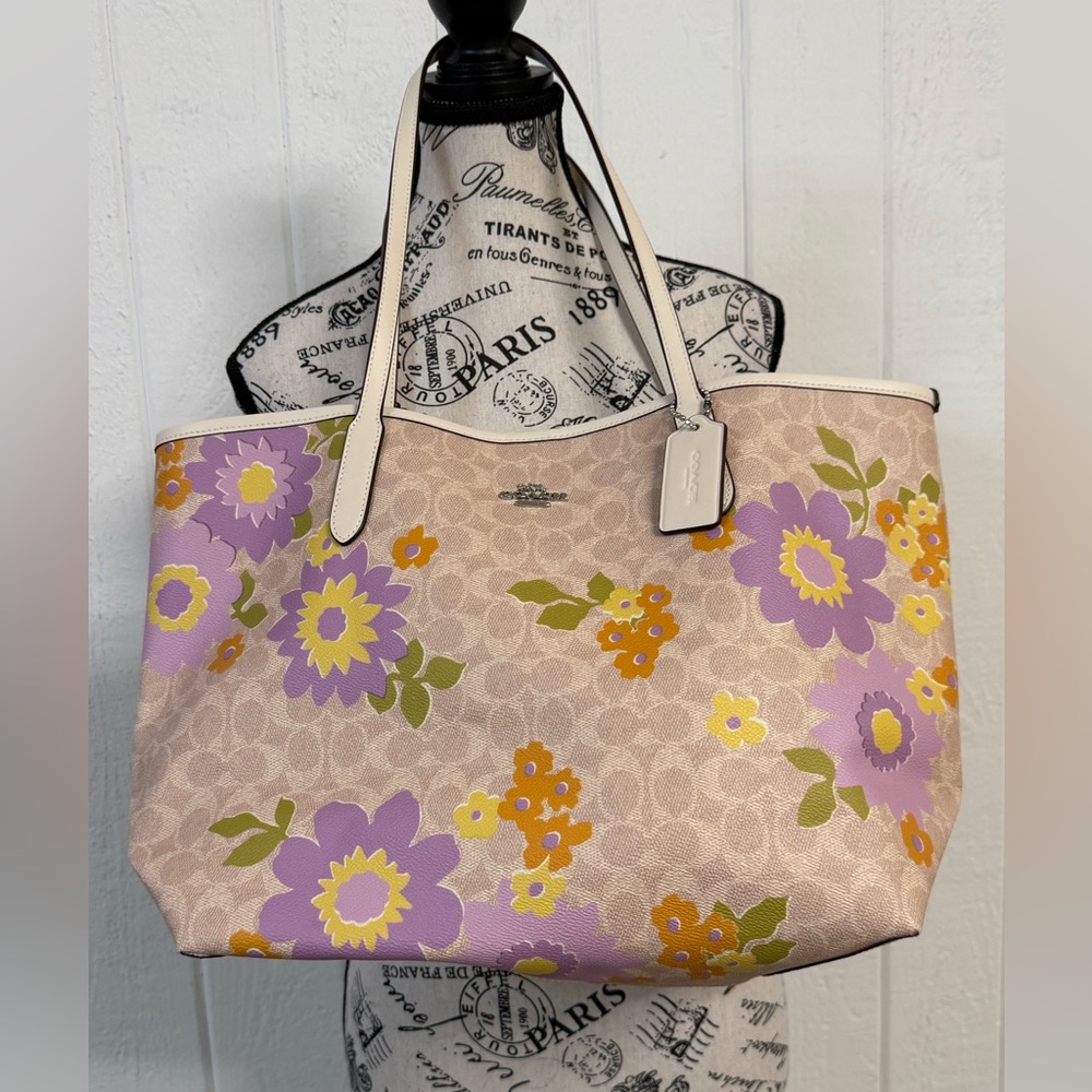 Coach Pink Floral Signature Tote with Purple & Yellow Flowers
